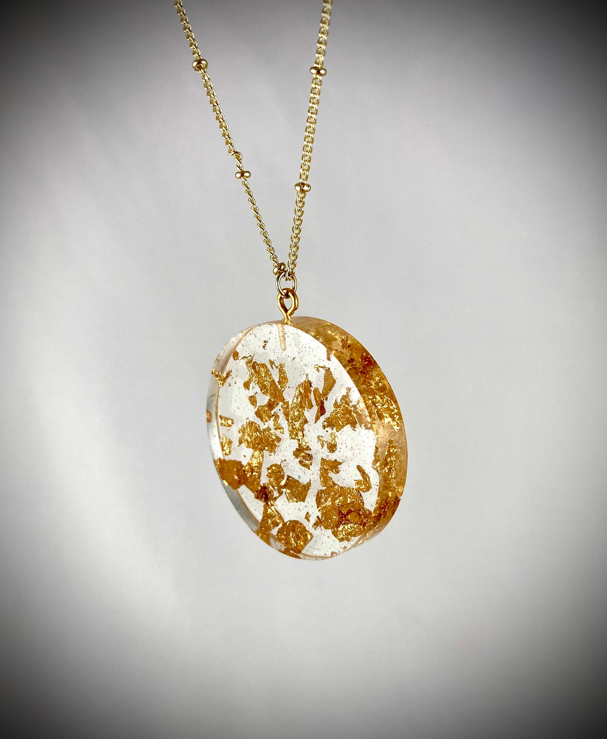 Resin Pendant Necklace with Gold Leaf Flakes - Handmade Statement Jewelry for Women