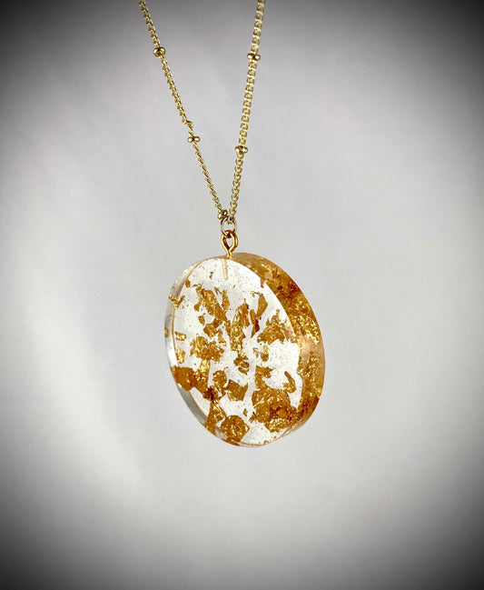 Resin Pendant Necklace with Gold Leaf Flakes - Handmade Statement Jewelry for Women
