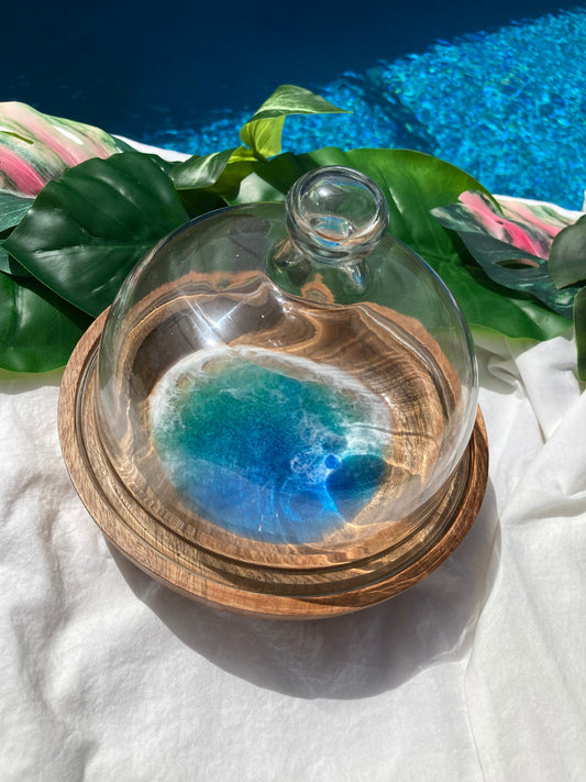 Coastal Decor Glass Cheese Dome with Ocean Resin Accent