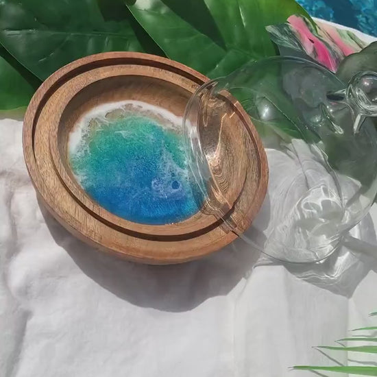 Coastal Decor Glass Cheese Dome with Ocean Resin Accent