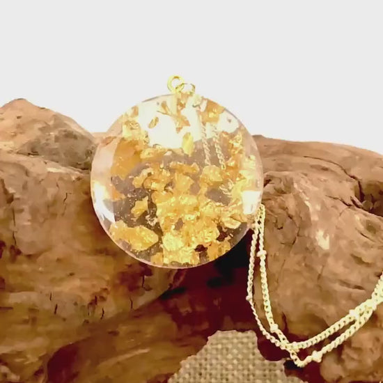 Resin Pendant Necklace with Gold Leaf Flakes - Handmade Statement Jewelry for Women