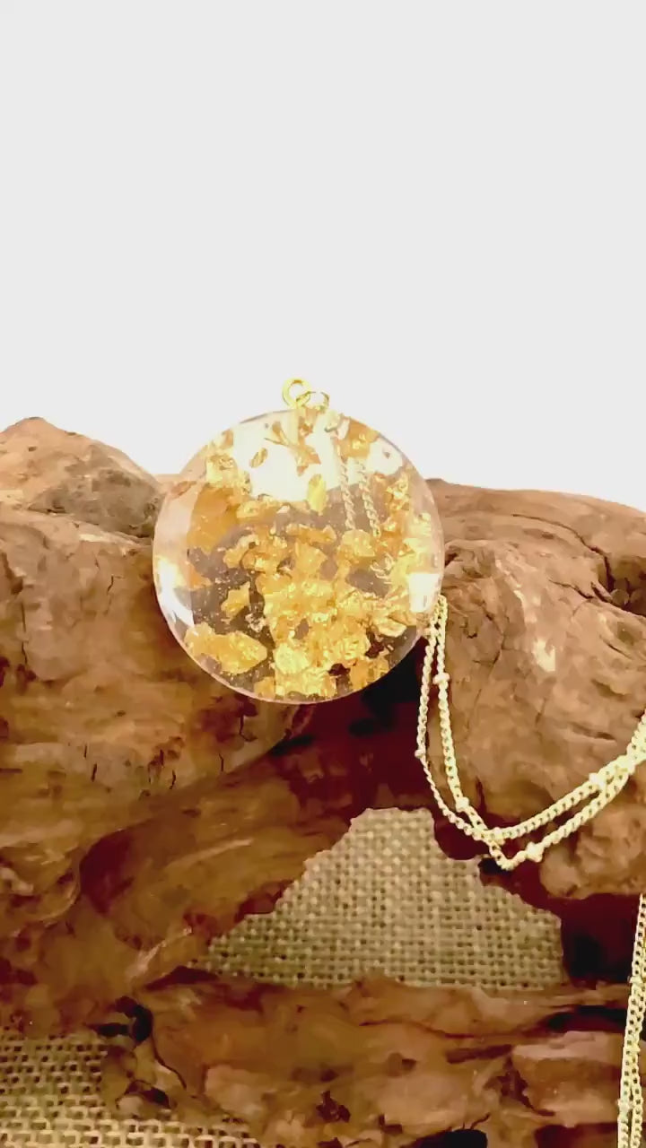Resin Pendant Necklace with Gold Leaf Flakes - Handmade Statement Jewelry for Women
