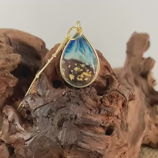 Resin Ocean Pendant Necklace with Gold Leaf Flakes - Handmade Statement Jewelry for Women