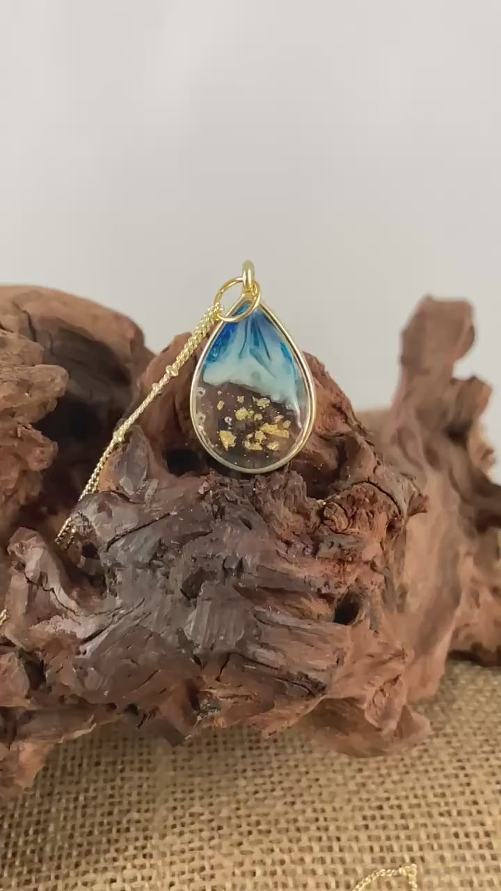 Resin Ocean Pendant Necklace with Gold Leaf Flakes - Handmade Statement Jewelry for Women