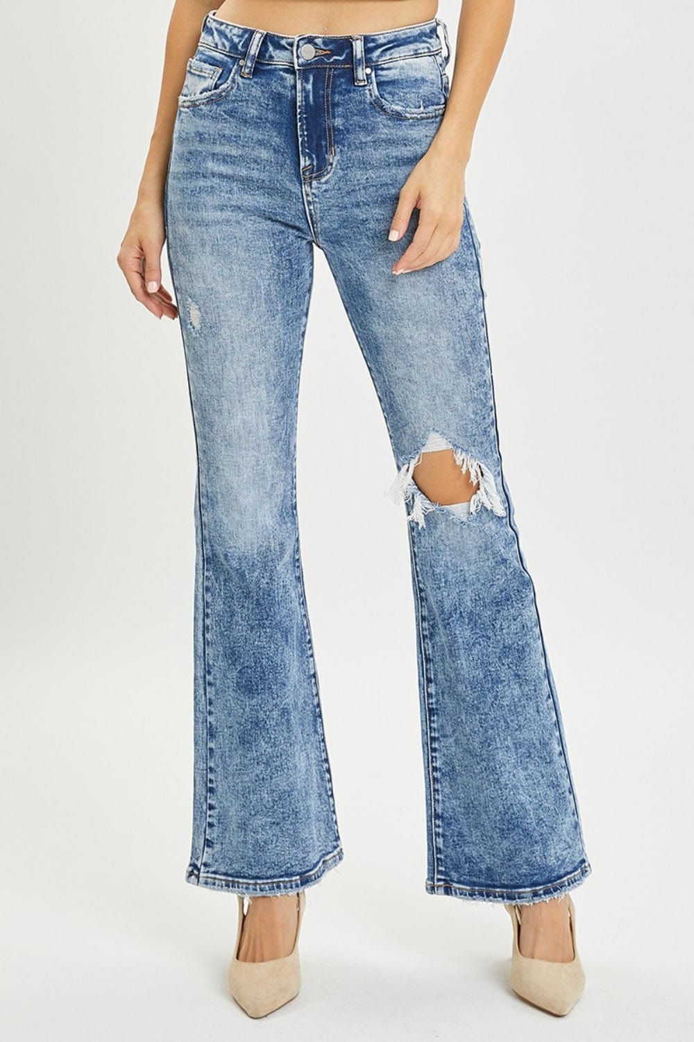 Trendsi Acid Medium / 0 RISEN Full Size High Rise Distressed Flare Jeans RISEN Full Size High Rise Distressed Flare Jeans