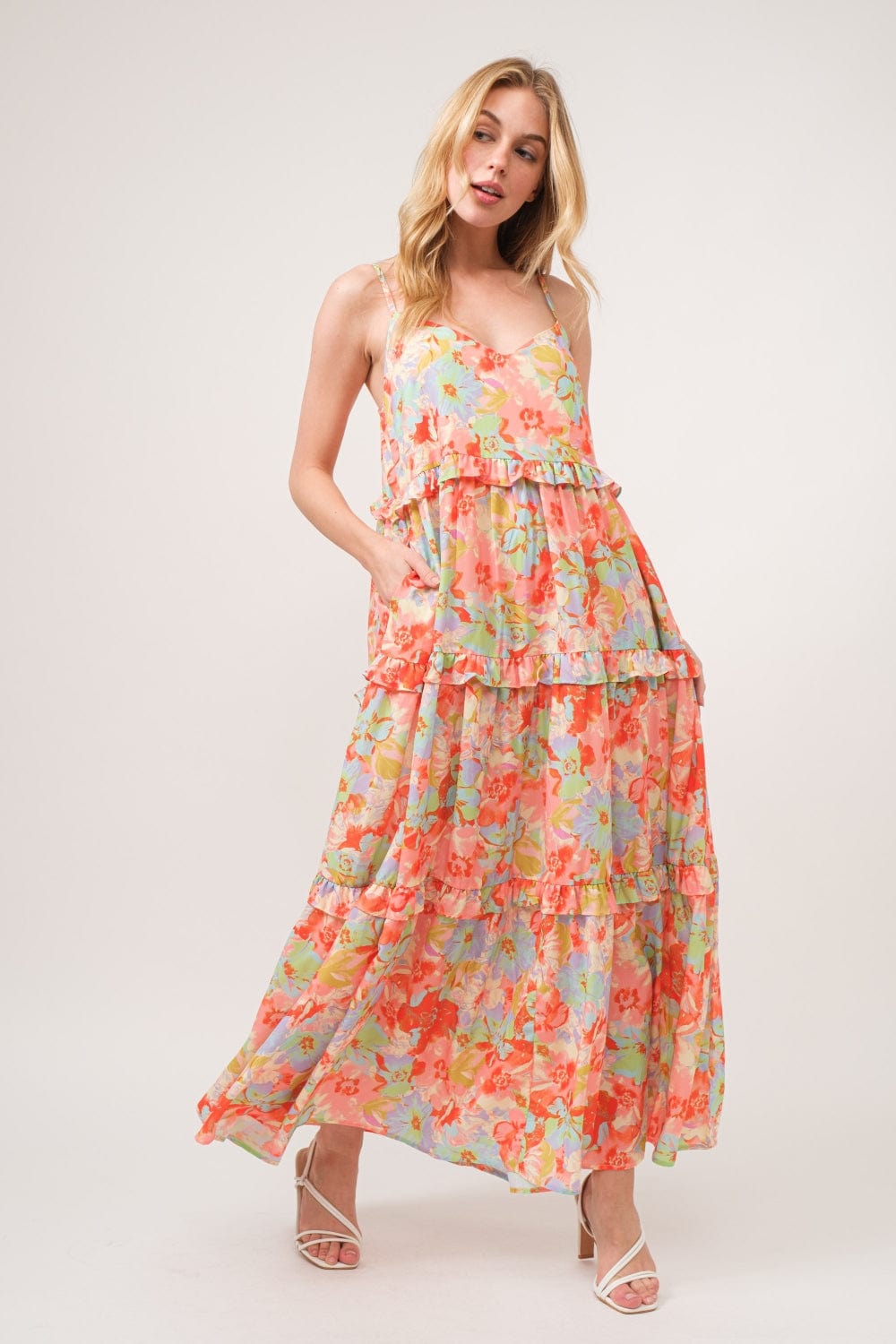 Trendsi And The Why Floral Ruffled Tiered Maxi Adjustable Strap Cami Dress And The Why Floral Ruffled Tiered Maxi Adjustable Strap Cami Dress
