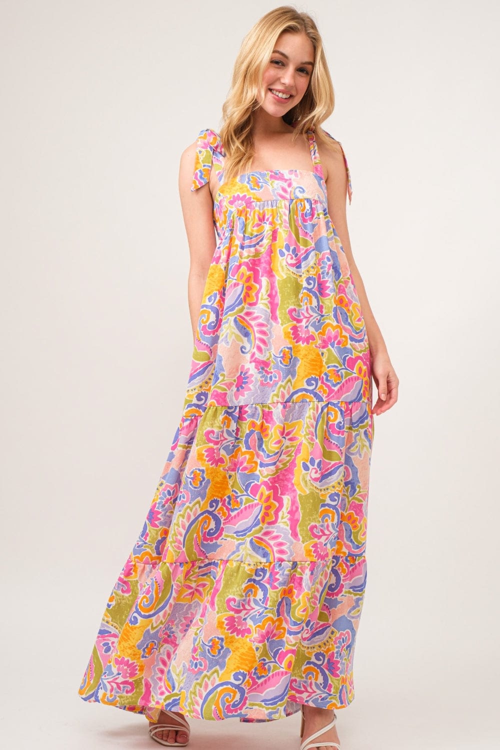 Trendsi And The Why Full Size Printed Tie Shoulder Tiered Maxi Dress And The Why Full Size Printed Tie Shoulder Tiered Maxi Dress