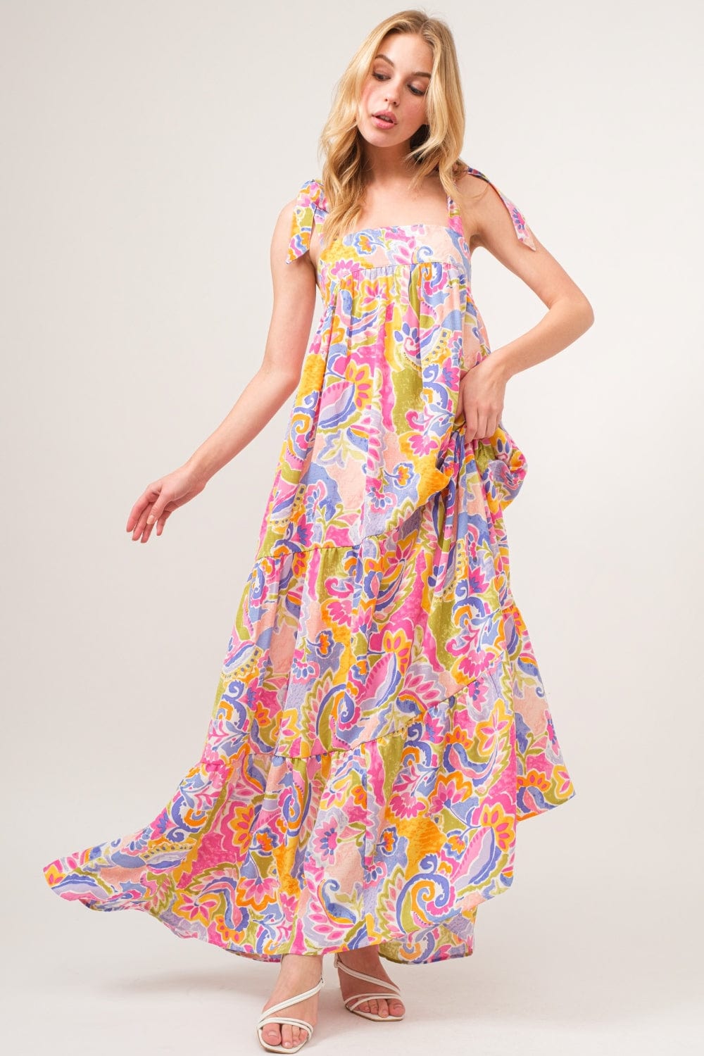 Trendsi And The Why Full Size Printed Tie Shoulder Tiered Maxi Dress And The Why Full Size Printed Tie Shoulder Tiered Maxi Dress