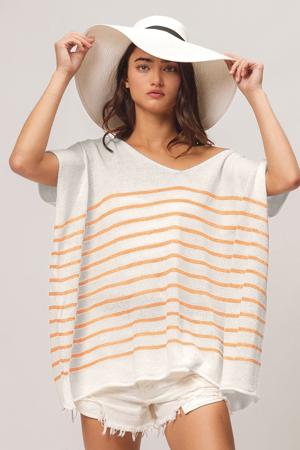 Trendsi Apricot / S BiBi V Neck Striped Short Sleeve Top BiBi V Neck Striped Short Sleeve Top