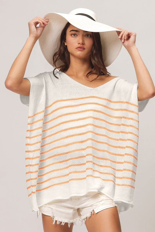 Trendsi Apricot / S BiBi V Neck Striped Short Sleeve Top BiBi V Neck Striped Short Sleeve Top