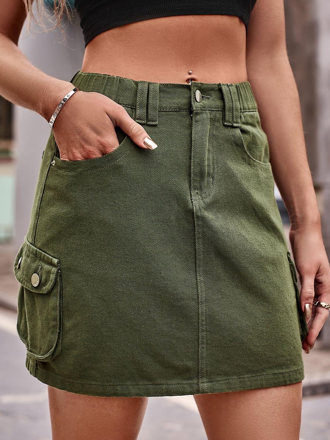 Trendsi Army Green / S Denim Mini Skirt with Pockets Denim Mini Skirt with Pockets