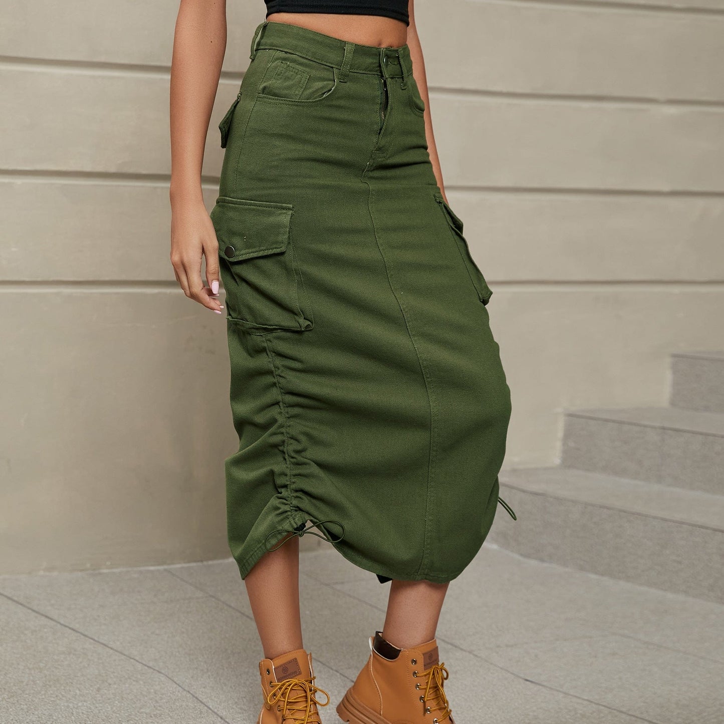 Trendsi Army Green / S Drawstring Ruched Slit Denim Midi Skirt Drawstring Ruched Slit Denim Midi Skirt
