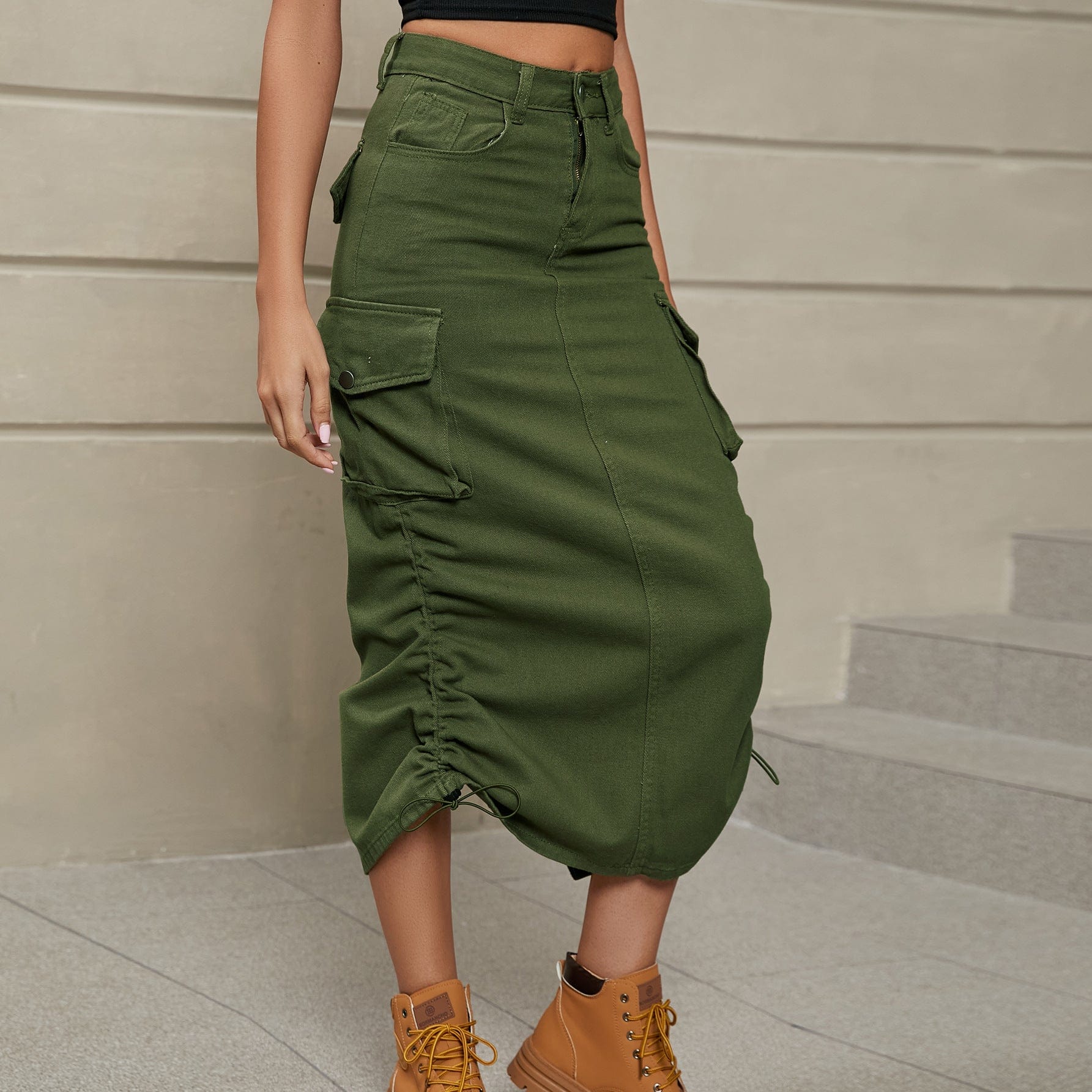 Trendsi Army Green / S Drawstring Ruched Slit Denim Midi Skirt Drawstring Ruched Slit Denim Midi Skirt