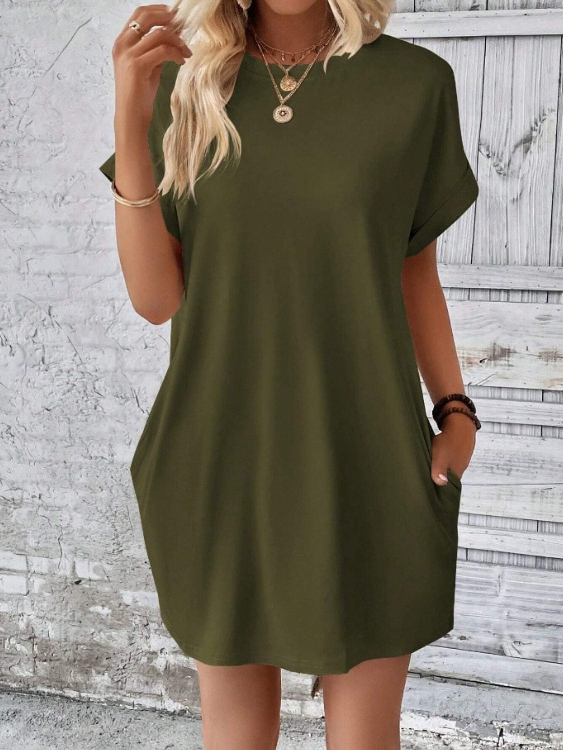 Trendsi Army Green / S Pocketed Round Neck Short Sleeve Dress Pocketed Round Neck Short Sleeve Dress