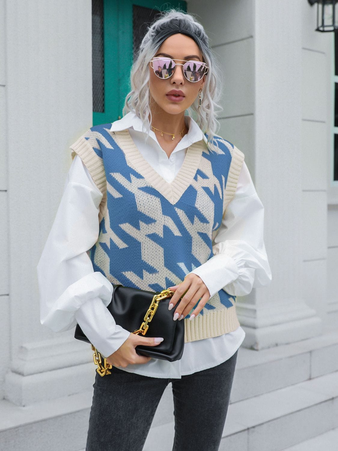 Trendsi Azure / S Houndstooth V-Neck Sweater Vest Houndstooth V-Neck Sweater Vest