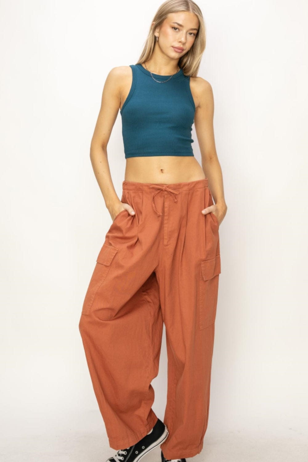 Trendsi BAKED GLAY / S HYFVE Drawstring Cargo Wide Leg Pants HYFVE Drawstring Cargo Wide Leg Pants
