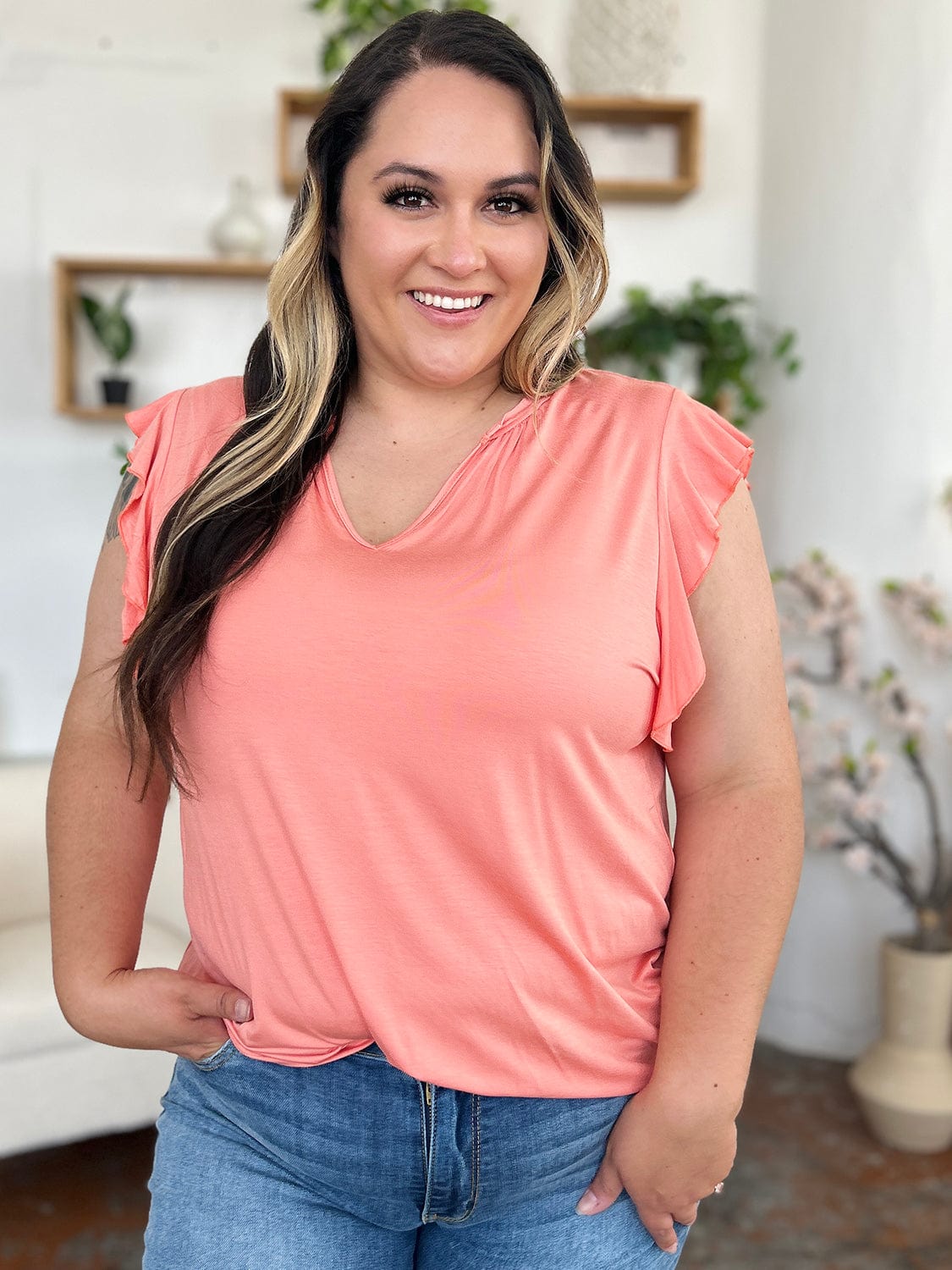 Trendsi Basic Bae Full Size Bamboo Notched Ruffled Short Sleeve T-Shirt Basic Bae Full Size Bamboo Notched Ruffled Short Sleeve T-Shirt