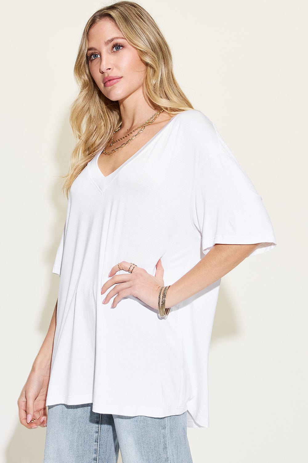Trendsi Basic Bae Full Size Bamboo V-Neck Drop Shoulder T-Shirt Basic Bae Full Size Bamboo V-Neck Drop Shoulder T-Shirt