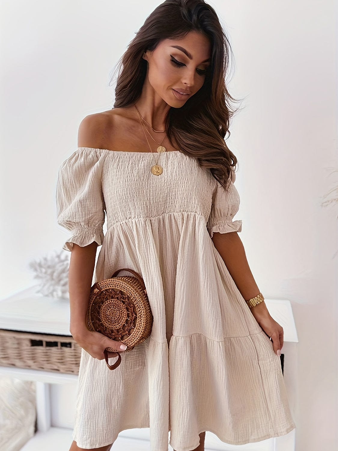 Trendsi Beige / S Full Size Ruffled Off-Shoulder Short Sleeve Dress Full Size Ruffled Off-Shoulder Short Sleeve Dress