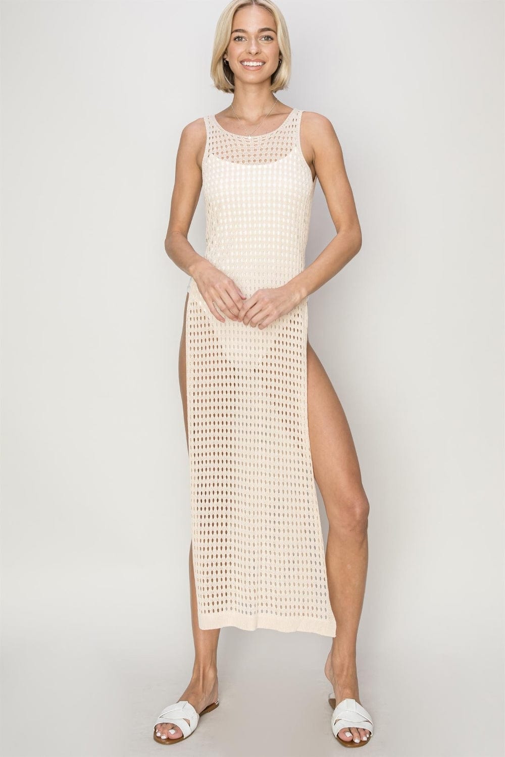 Trendsi Beige / S HYFVE Crochet Backless Cover Up Dress HYFVE Crochet Backless Cover Up Dress
