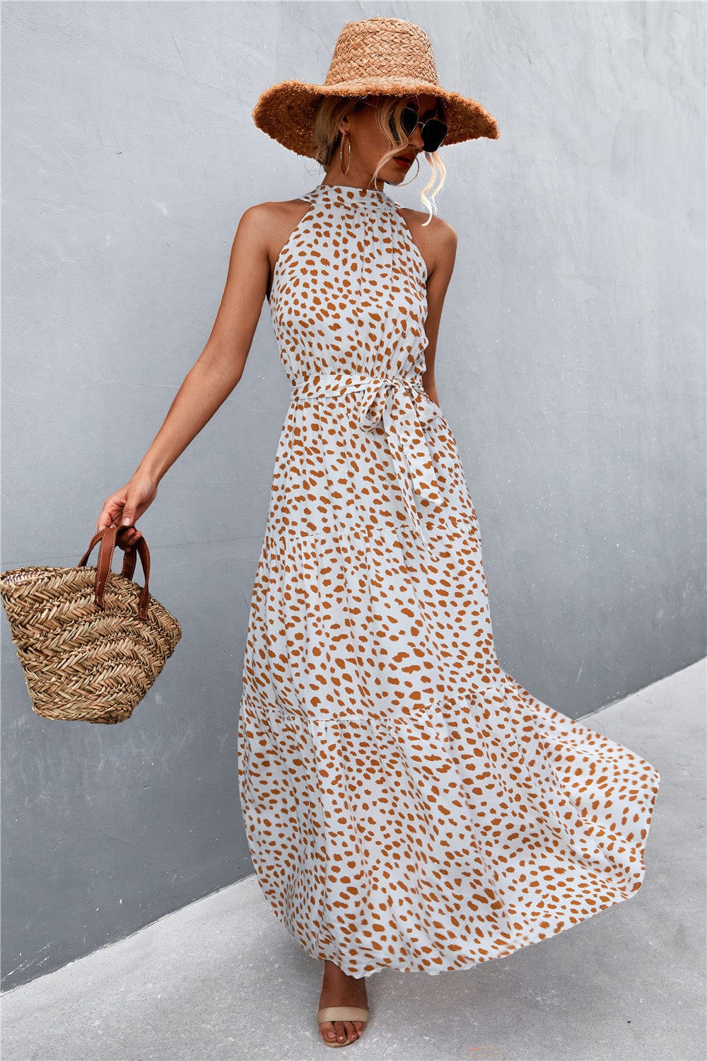 Trendsi Beige / S Printed Sleeveless Tie Waist Maxi Dress Printed Sleeveless Tie Waist Maxi Dress