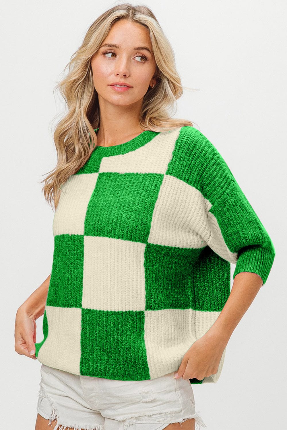 Trendsi BiBi Checkered Contrast Round Neck Sweater BiBi Checkered Contrast Round Neck Sweater