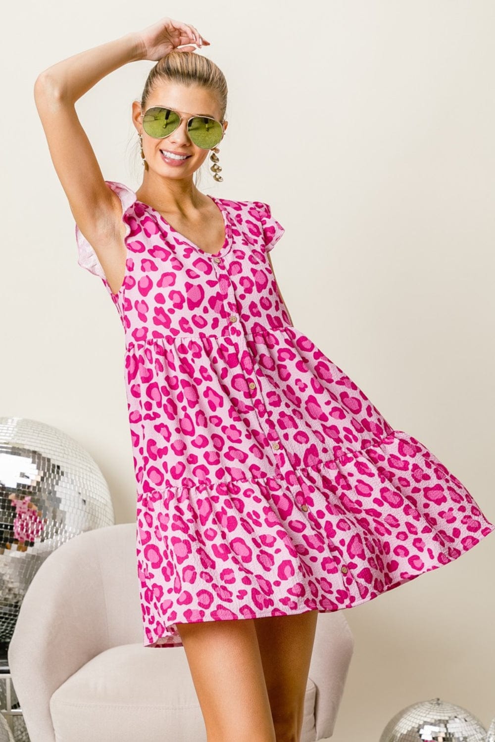 Trendsi BiBi Leopard Cap Sleeve Tiered Mini Dress BiBi Leopard Cap Sleeve Tiered Mini Dress