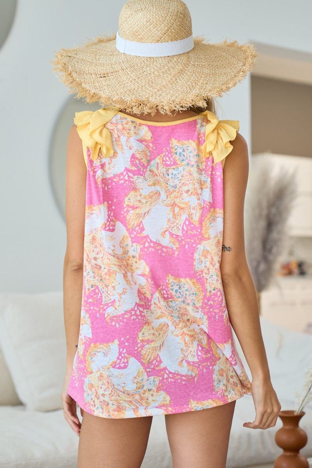 Trendsi BiBi Printed V Neck Ruffled Tank BiBi Printed V Neck Ruffled Tank