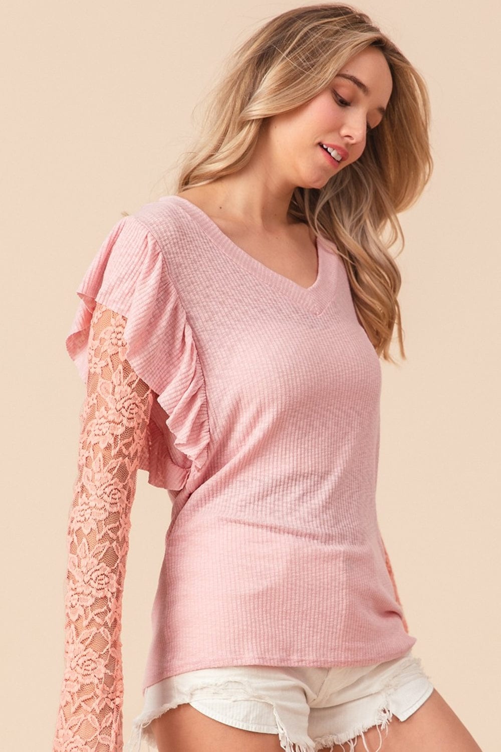 Trendsi BiBi Ruffled Lace Sleeve Rib Knit Top BiBi Ruffled Lace Sleeve Rib Knit Top