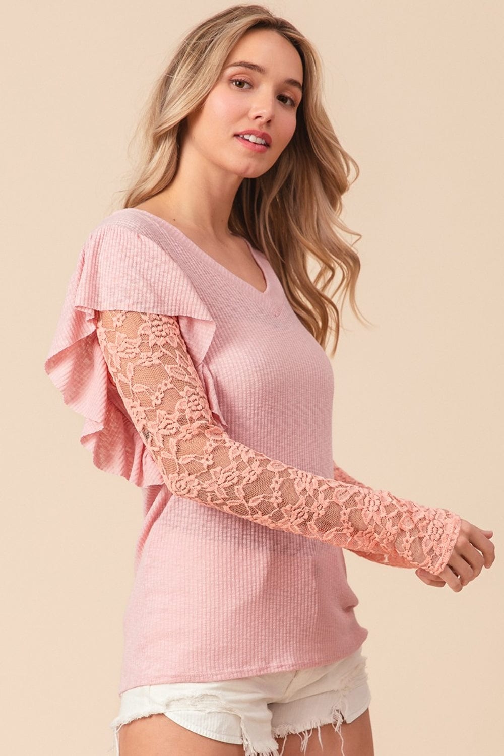 Trendsi BiBi Ruffled Lace Sleeve Rib Knit Top BiBi Ruffled Lace Sleeve Rib Knit Top