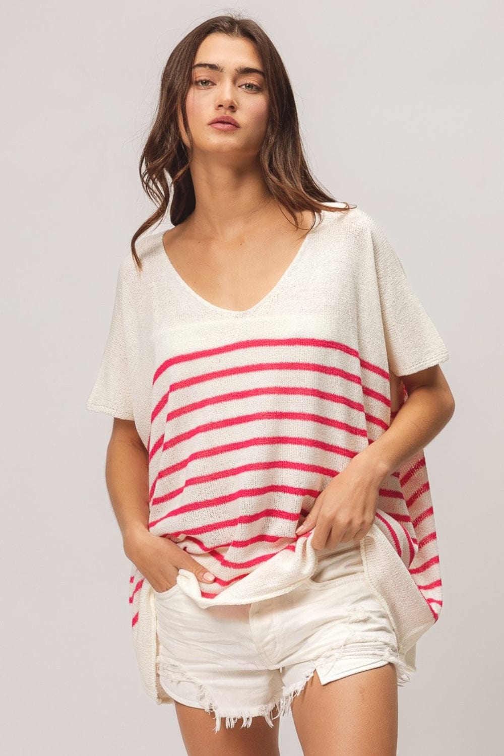 Trendsi BiBi V Neck Striped Short Sleeve Top BiBi V Neck Striped Short Sleeve Top