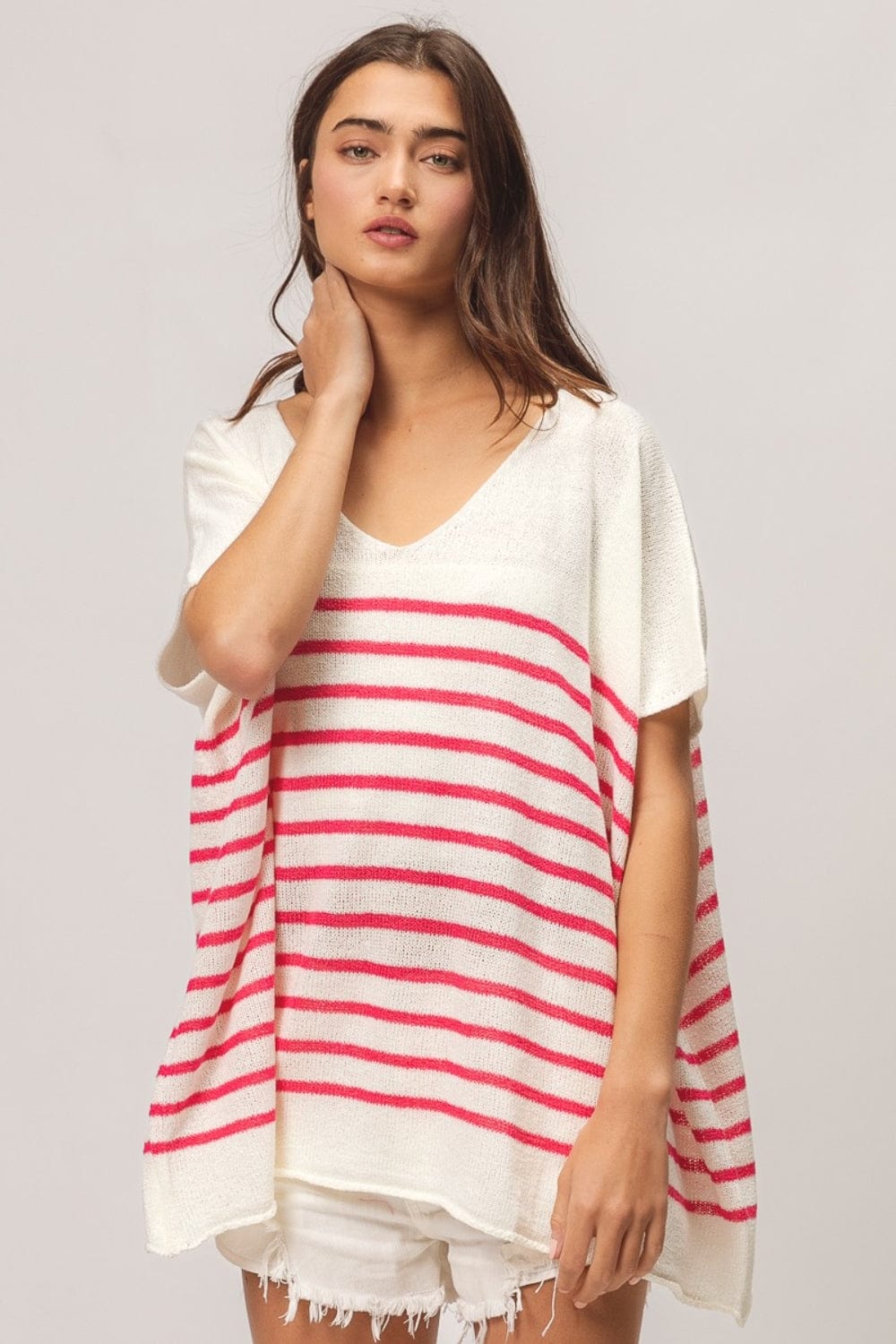 Trendsi BiBi V Neck Striped Short Sleeve Top BiBi V Neck Striped Short Sleeve Top