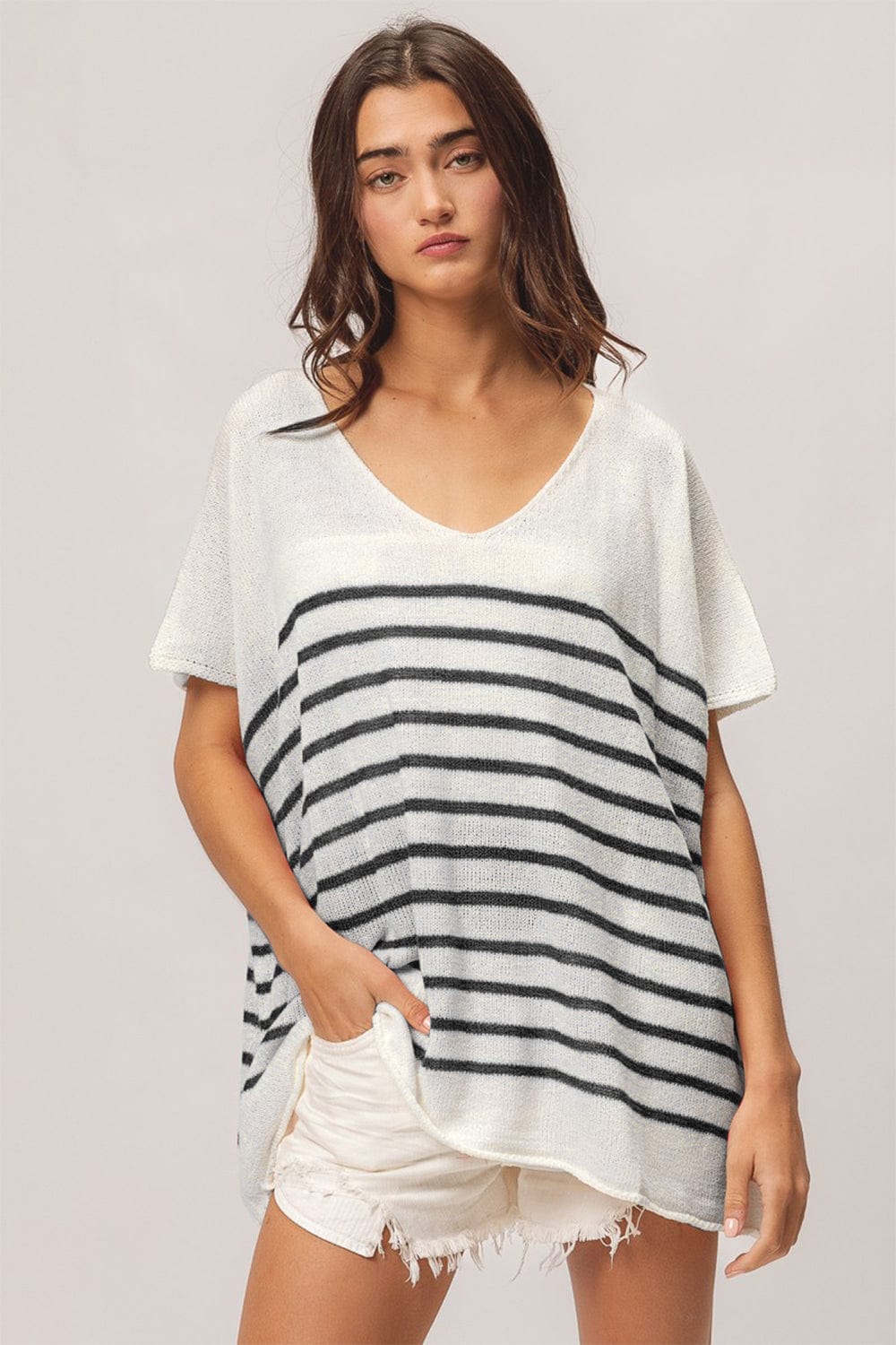 Trendsi BiBi V Neck Striped Short Sleeve Top BiBi V Neck Striped Short Sleeve Top