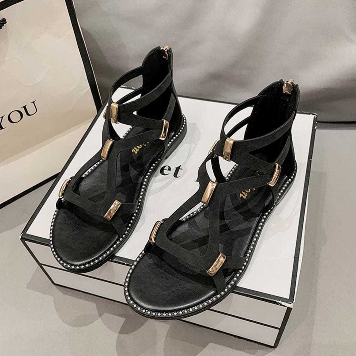 Trendsi Black / 35(US4) Open Toe Back Zipper Flat Sandals Open Toe Back Zipper Flat Sandals