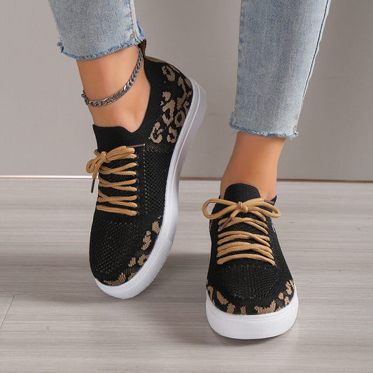 Trendsi Black / 36(US5) Lace-Up Leopard Flat Sneakers Lace-Up Leopard Flat Sneakers