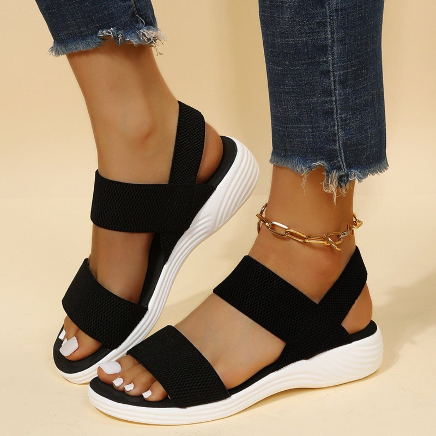 Trendsi Black / 36(US5) Rubber Open Toe Low Heel Sandals Rubber Open Toe Low Heel Sandals