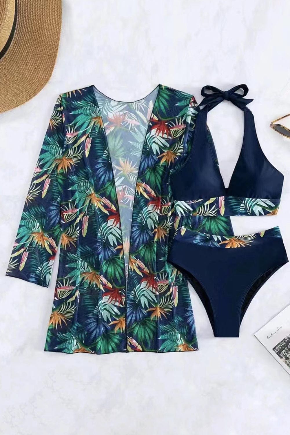 Trendsi Black / M Printed Halter Neck Three-Piece Swim Set Printed Halter Neck Three-Piece Swim Set