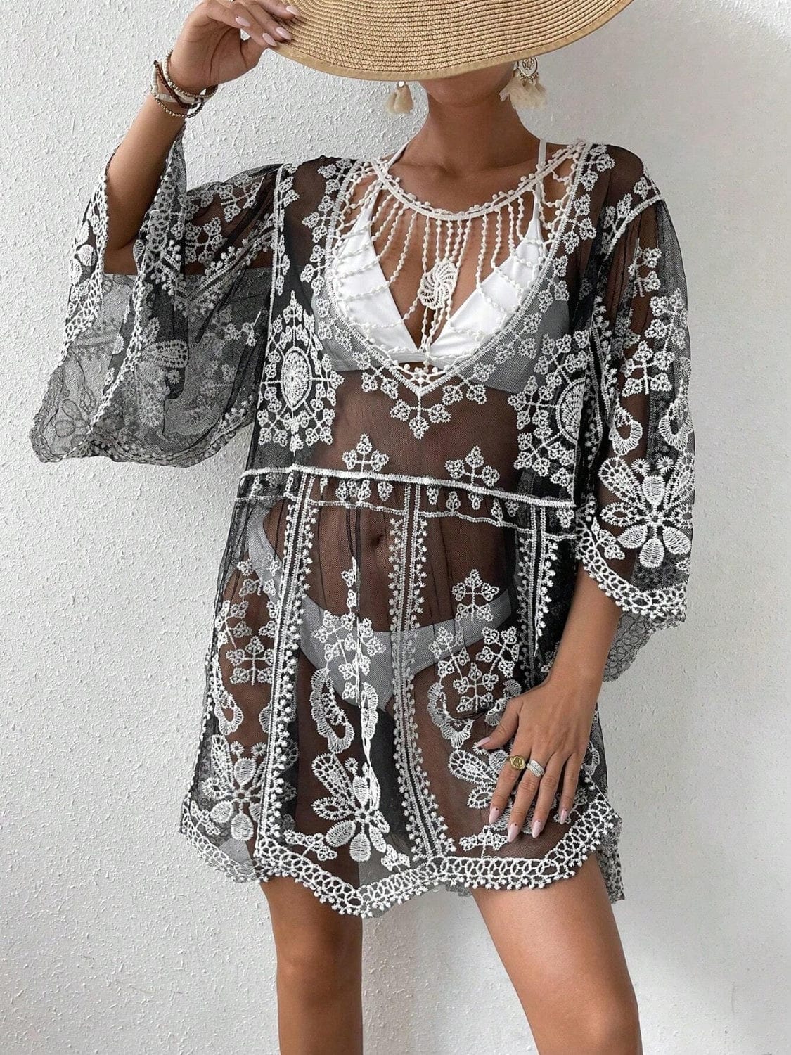 Trendsi Black / One Size Lace Round Neck Cover-Up Lace Round Neck Cover-Up