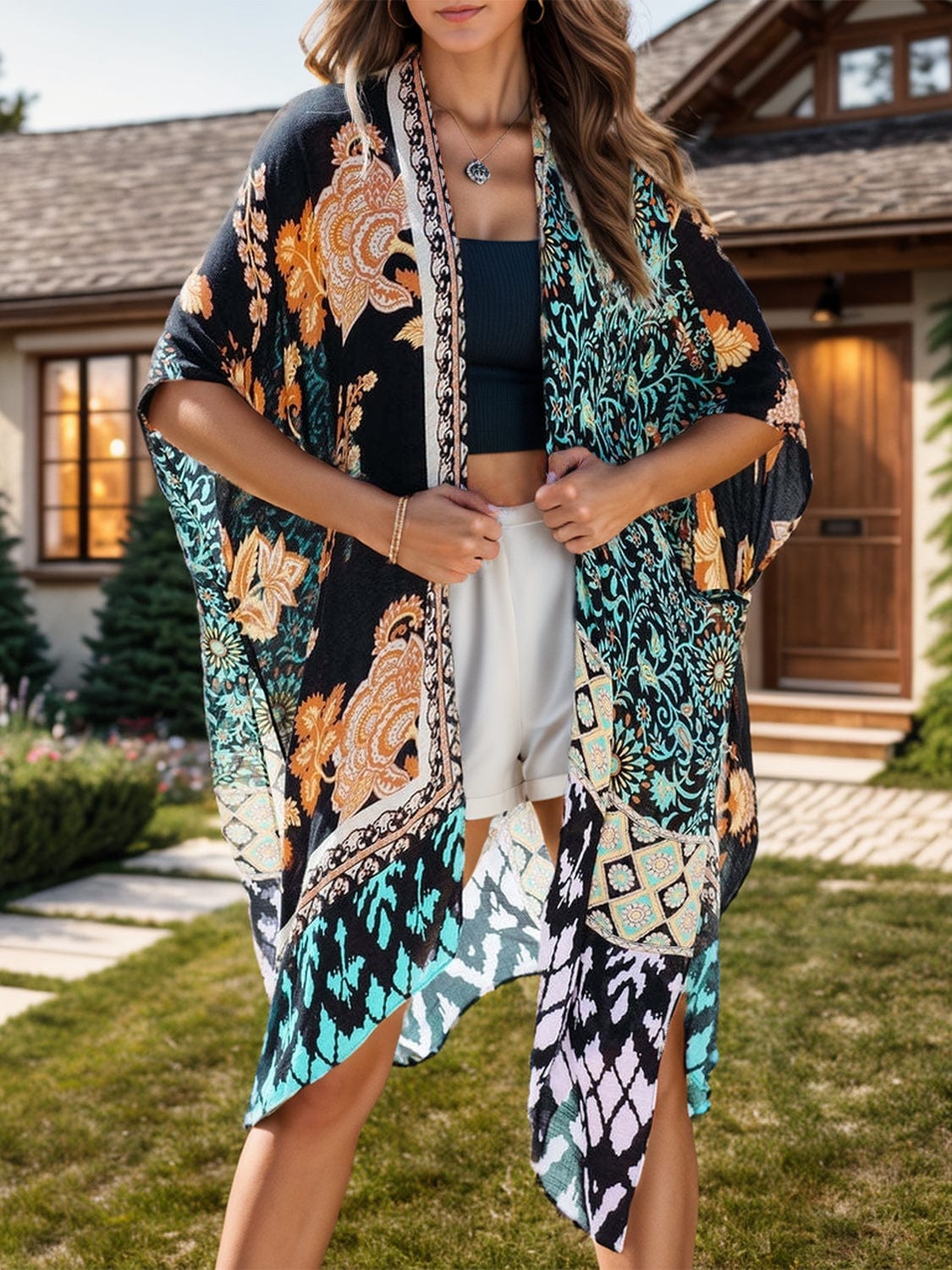 Trendsi Black / One Size Printed Open Front Cover-Up Printed Open Front Cover-Up
