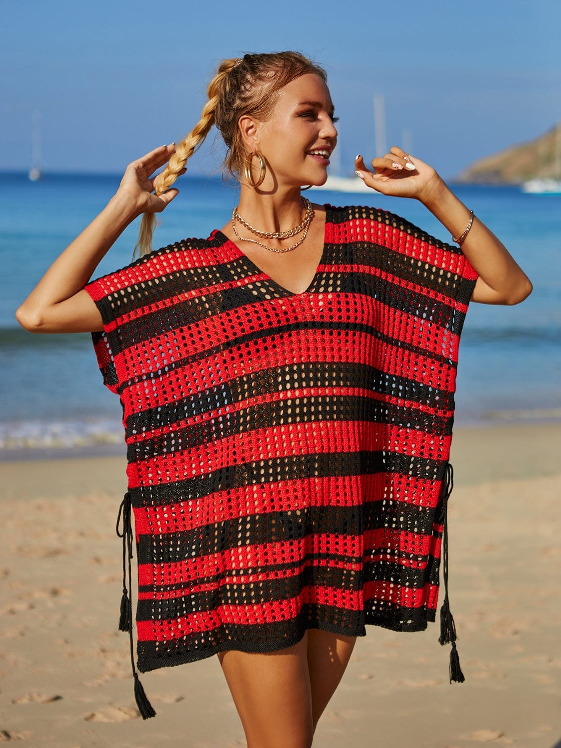 Trendsi Black / One Size Tassel Openwork Striped V-Neck Cover Up Tassel Openwork Striped V-Neck Cover Up