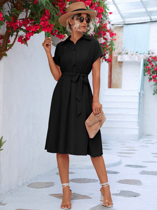 Trendsi Black / S Buttoned Tie Waist Short Sleeve Dress Buttoned Tie Waist Short Sleeve Dress
