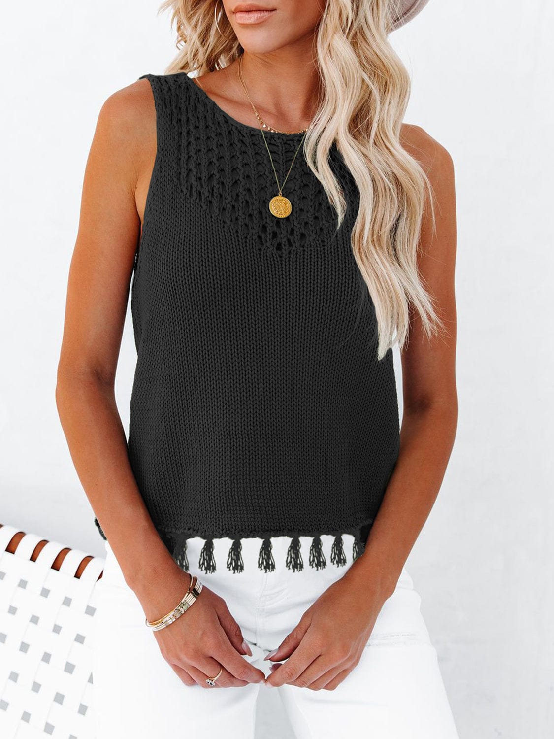 Trendsi Black / S Cutout Tassel Round Neck Tank Cutout Tassel Round Neck Tank