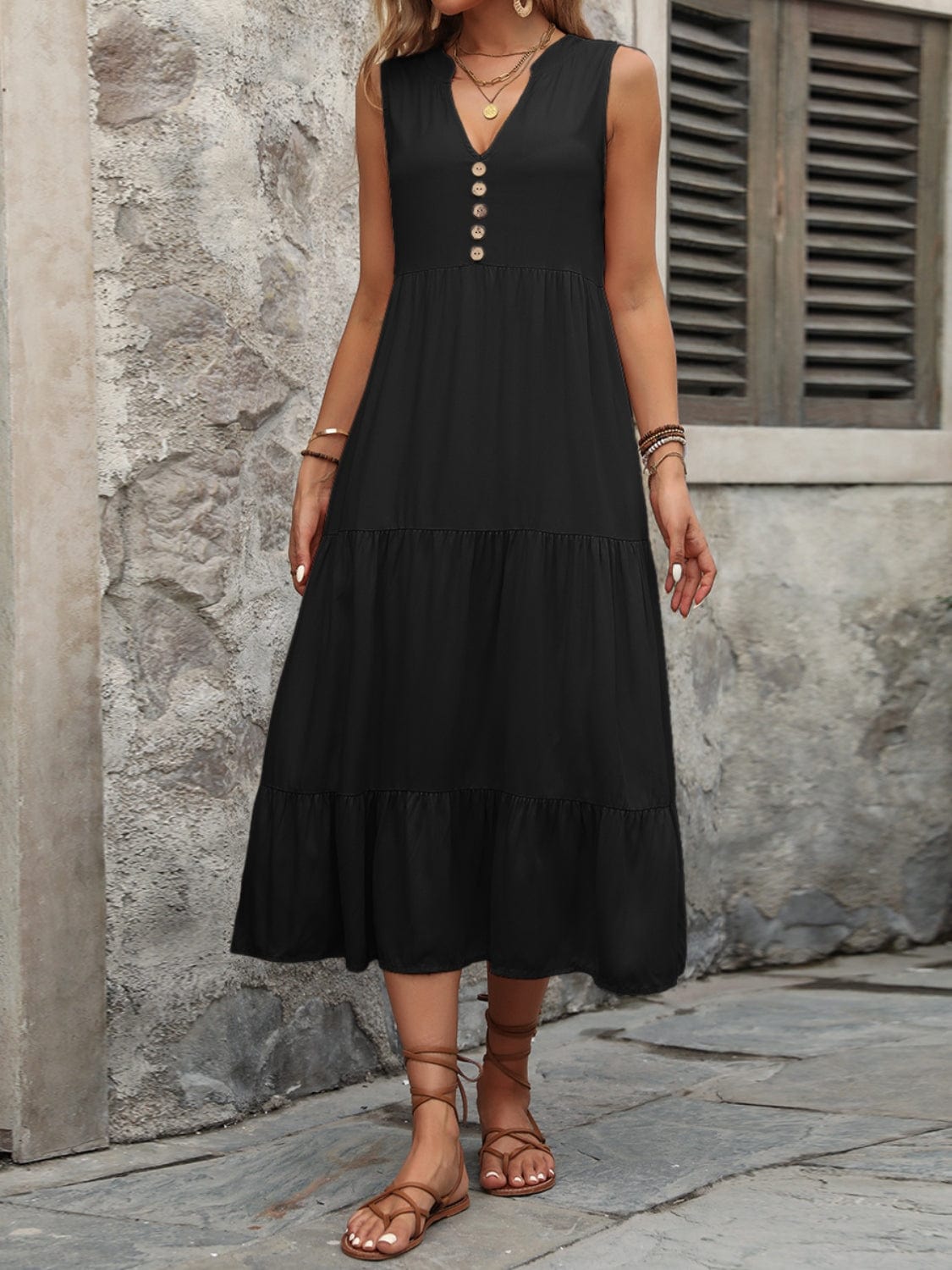 Trendsi Black / S Decorative Button Notched Sleeveless Dress Decorative Button Notched Sleeveless Dress