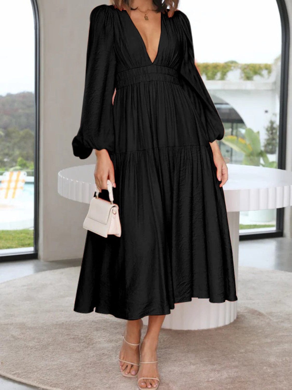 Trendsi Black / S Deep V-Neck Balloon Sleeve Plain Maxi Dress Deep V-Neck Balloon Sleeve Plain Maxi Dress