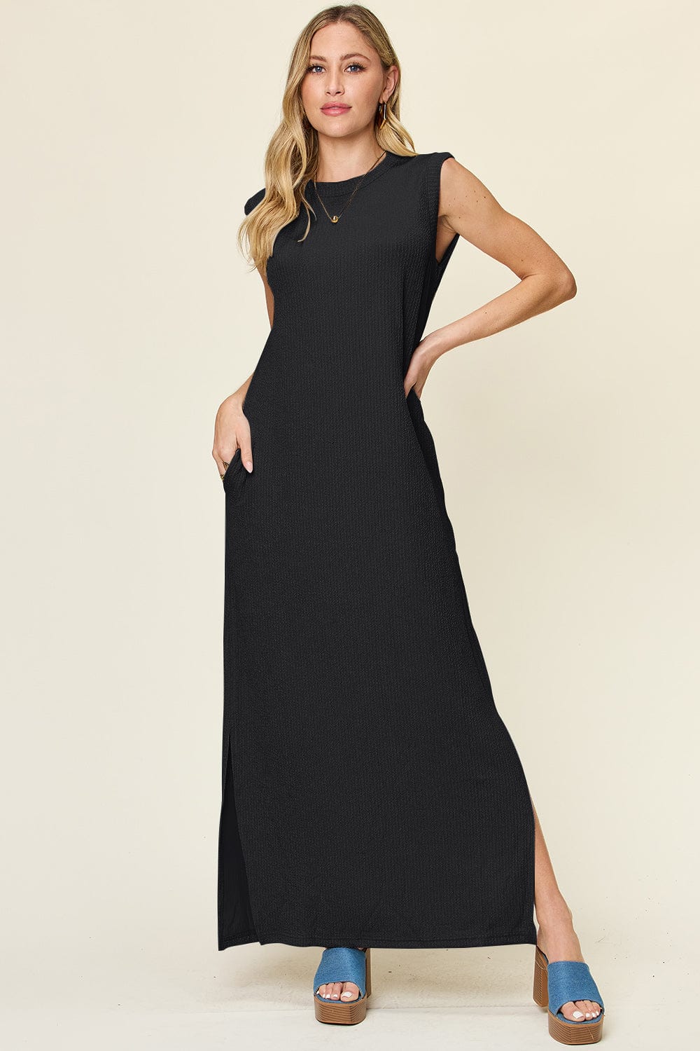 Trendsi Black / S Double Take Full Size Texture Mock Neck Sleeveless Maxi Dress Double Take Full Size Texture Mock Neck Sleeveless Maxi Dress