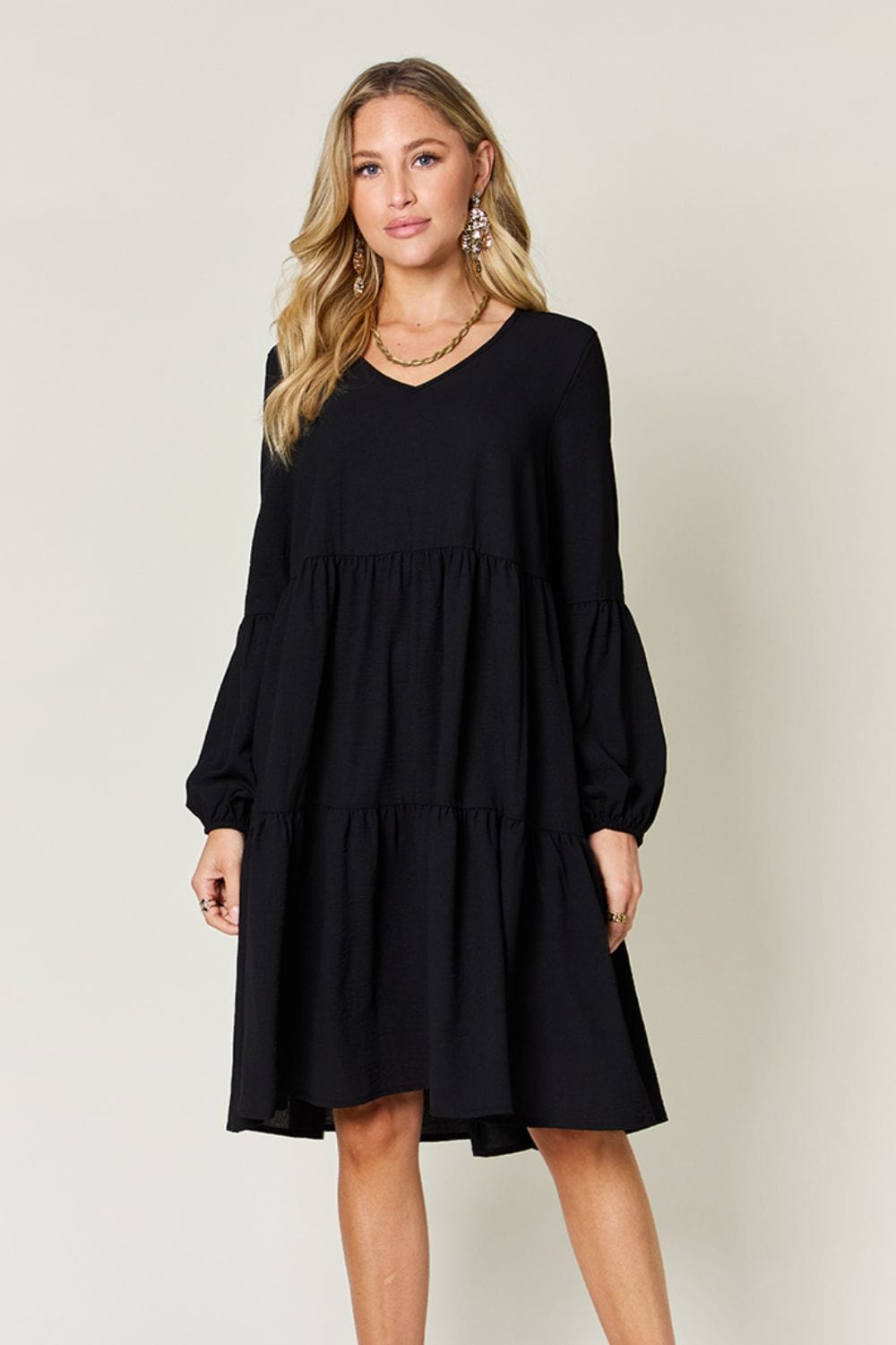 Trendsi Black / S Double Take Full Size V-Neck Balloon Sleeve Tiered Dress Double Take Full Size V-Neck Balloon Sleeve Tiered Dress