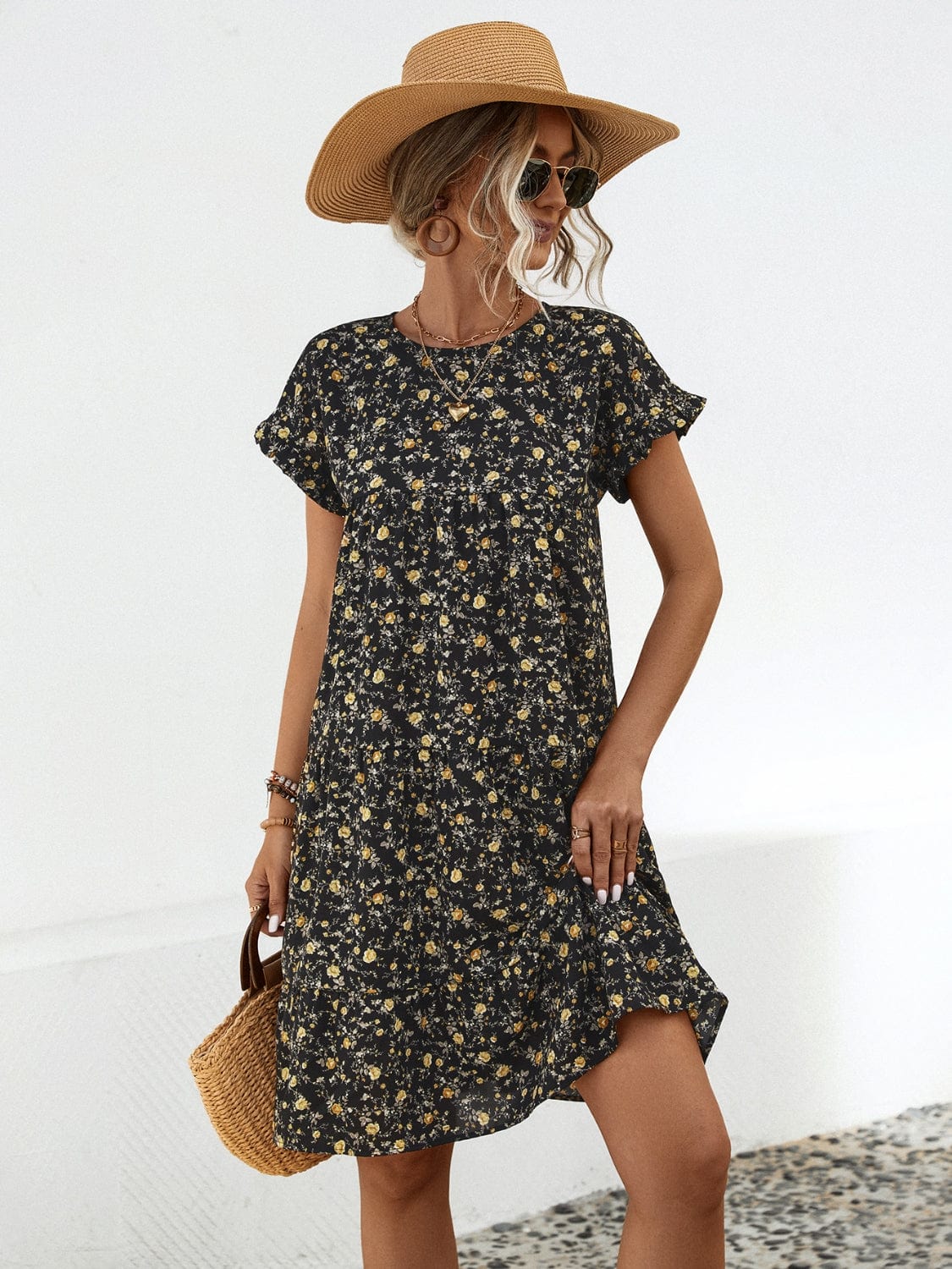 Trendsi Black / S Frill Floral Round Neck Short Sleeve Tiered Dress Frill Floral Round Neck Short Sleeve Tiered Dress