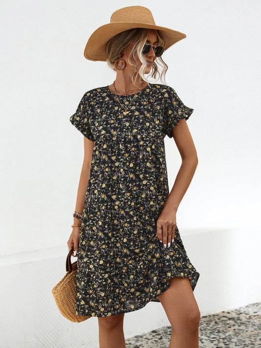 Trendsi Black / S Frill Floral Round Neck Short Sleeve Tiered Dress Frill Floral Round Neck Short Sleeve Tiered Dress