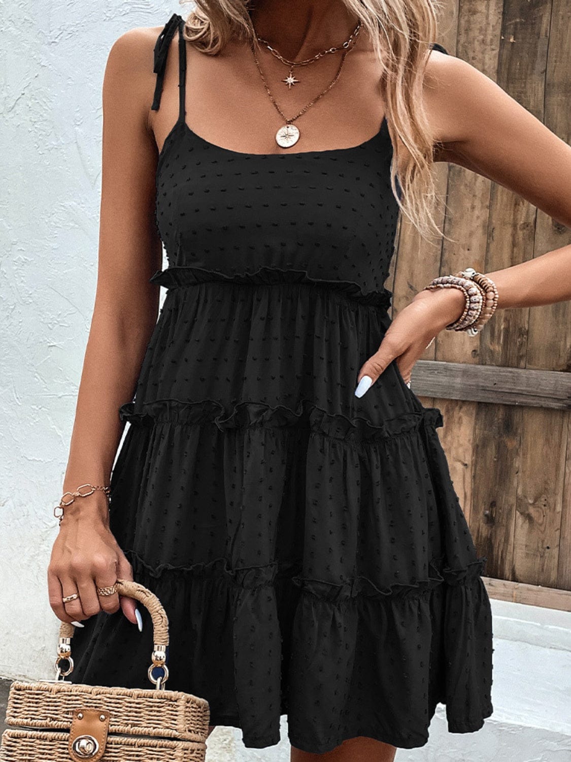 Trendsi Black / S Frill Spaghetti Strap Tiered Dress Frill Spaghetti Strap Tiered Dress