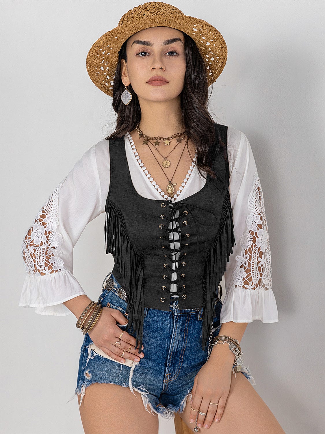 Trendsi Black / S Fringe Lace-Up Vest Fringe Lace-Up Vest